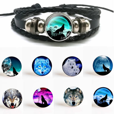 Wolf Bracelet, Full Moon Jewelry, Leather Bracelet, Fashion Accessories, Black Button Bracelet, Glass Dome Cabochon Bracelet, Pendant Gift, Animal-themed Jewelry, Nature-inspired Bracelet, Statement Jewelry,